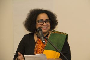 Prof Caroline Shenaz Hossein at podium at BUSO event | 2018-02-15